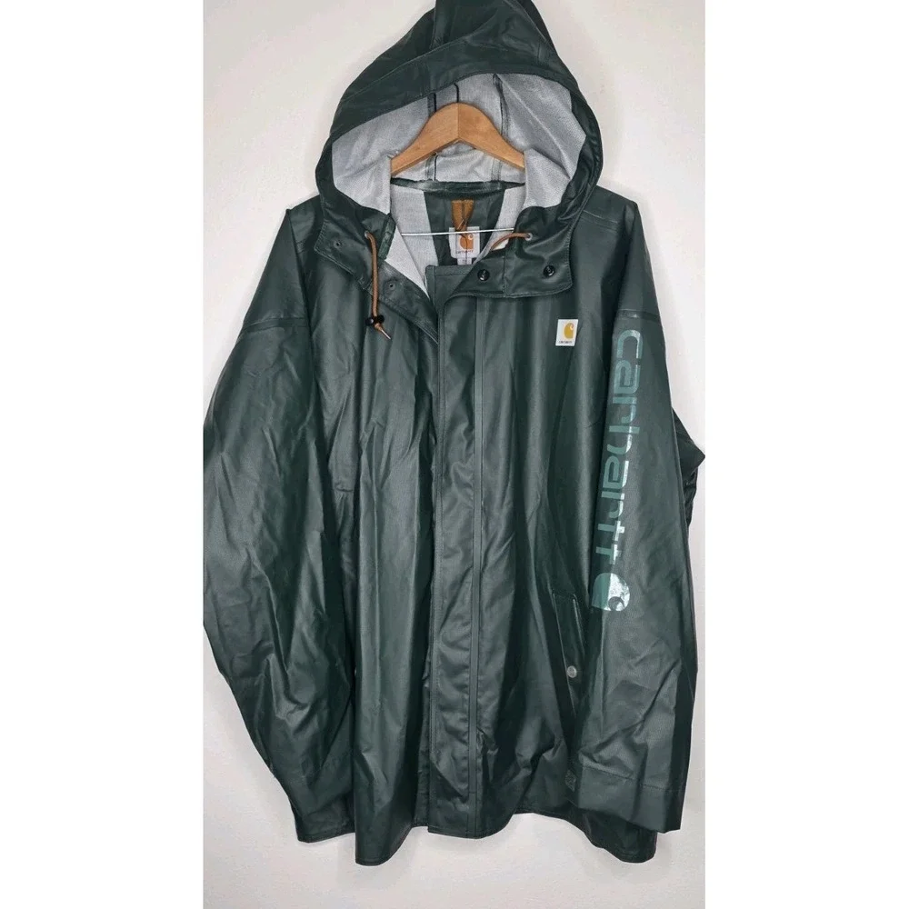 Carhartt Men Midweight Waterproof Rain Storm Coat Hooded XL Tall‎ Green Jacket